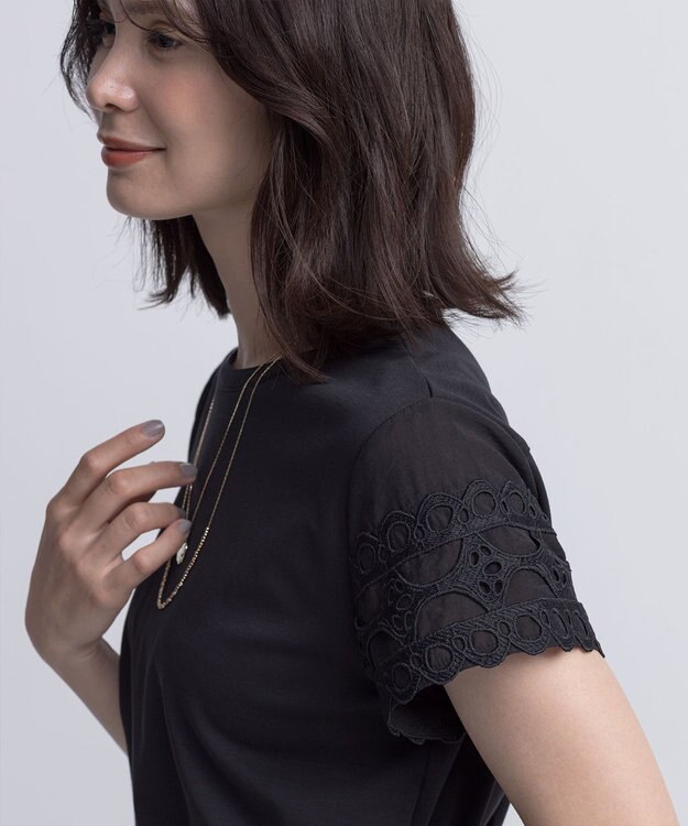 組曲 レーススリーブシルケット カットソー ブラック系