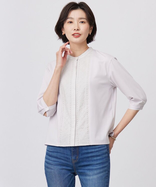 J.PRESS LADIES L 【洗える】エンブロシャツジャージー ブラウスライク カットソー グレージュ系