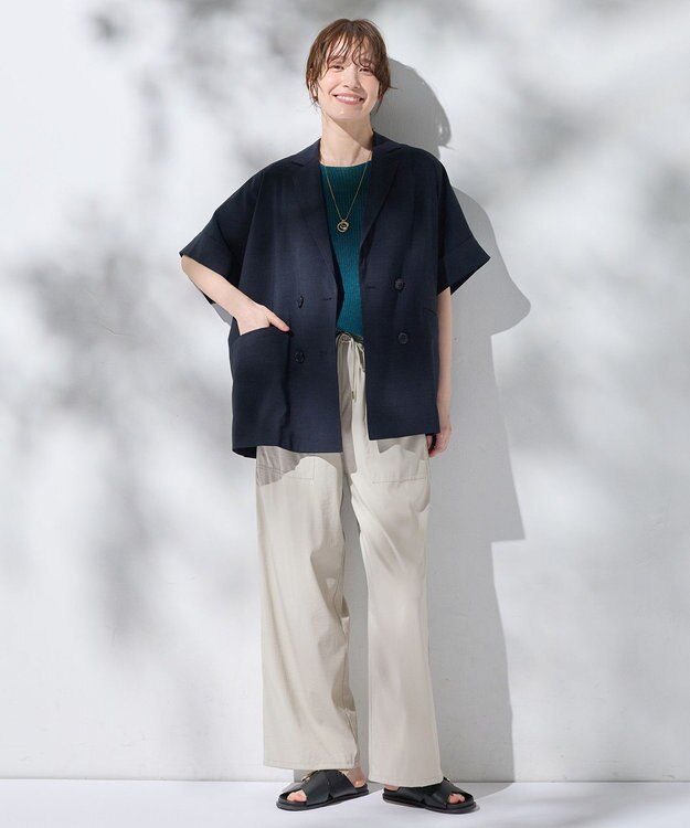 ANY 【洗濯機可/セットアップ可/UVケア/速乾/イージーケア】サラサラテックリネン半袖テーラードジャケット ネイビー