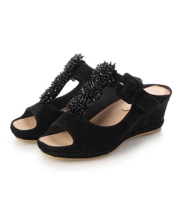 MODE ET JACOMO <D'ICI>ビジュー付きTストラップサンダル ブラックスエード