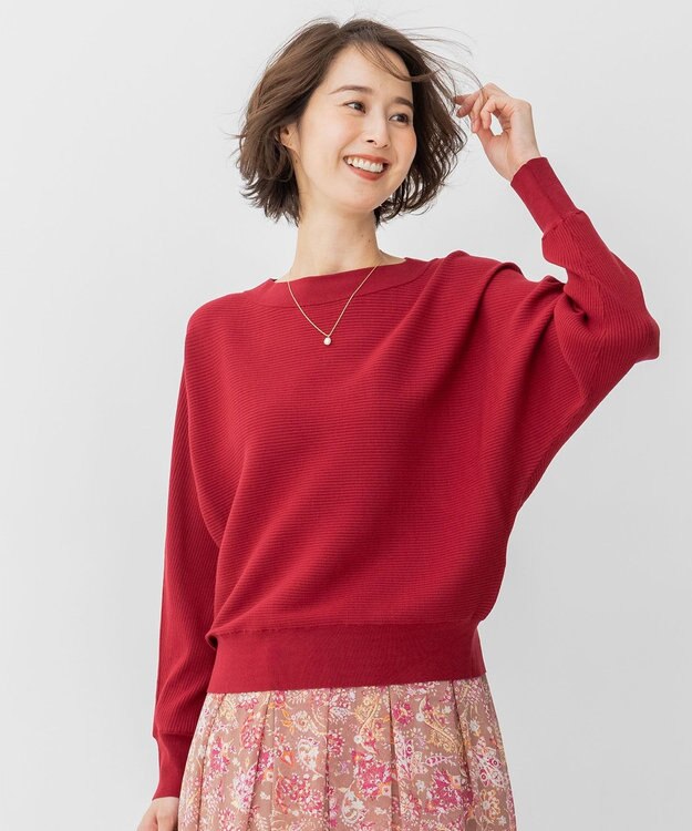自由区 【洗える/セット可】レーヨンストレッチ ドルマンスリーブニット ワイン系