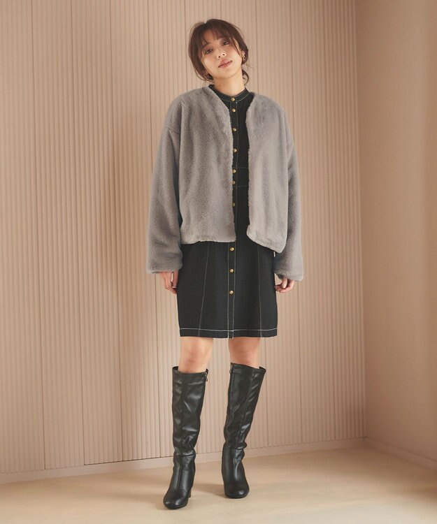 Feroux ノーカラーファー ジャケット ライトグレー系