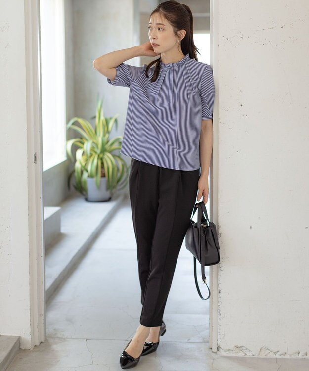 組曲 ライトデシンフリル襟 ブラウス ブルーストライプ系1