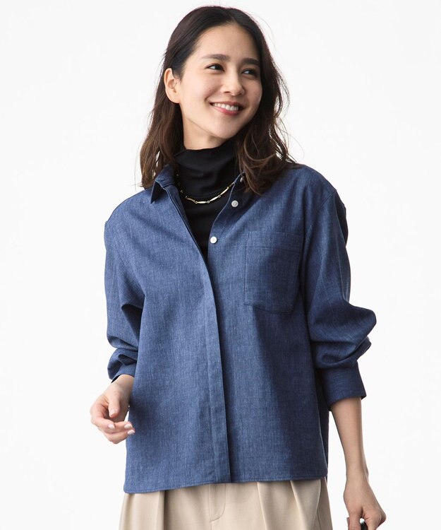 自由区 S 【大人の抜け感・セットアップ対応】ソフトリネンダンガリー シャツ ネイビー