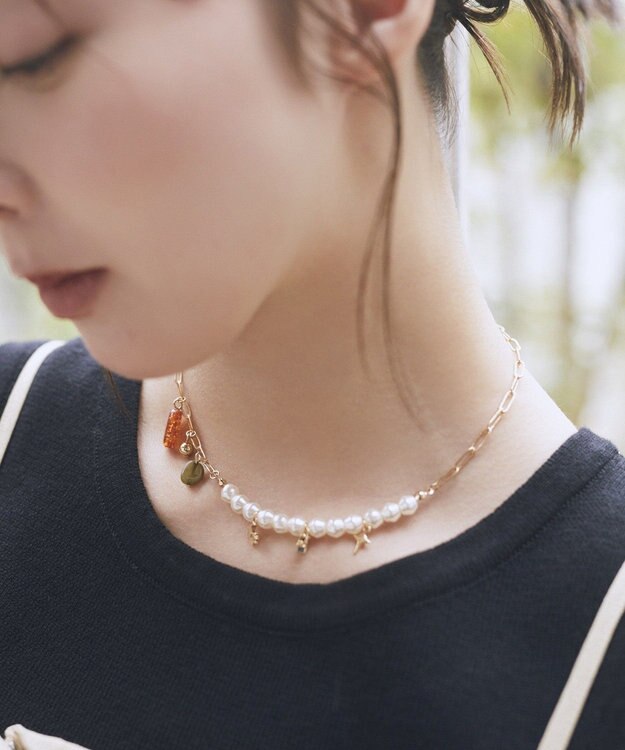 earth music&ecology パールＭＩＸチャームネックレス Gold