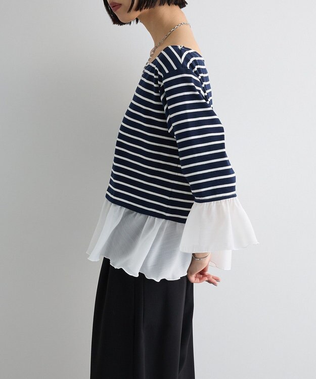 Green Parks 異素材ボーダーペプラムカットソー Navy