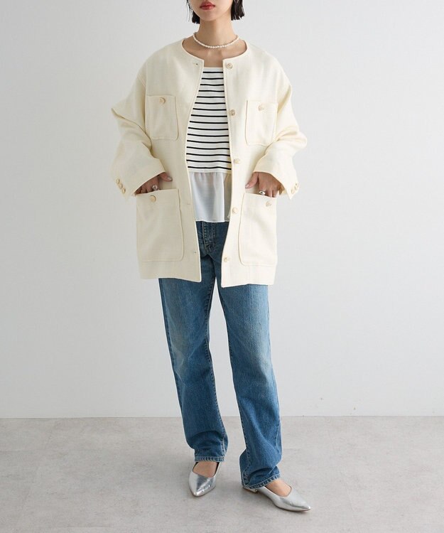 Green Parks 異素材ボーダーペプラムカットソー Off White