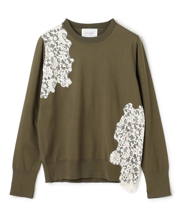 BEIGE， WILLOW / アシンメトリーレースクルーネックニット Khaki × White