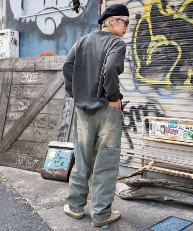 WEGO 【ウエストゴム/MLサイズ展開】ージーダブルニーパンツ デニム淡加工色