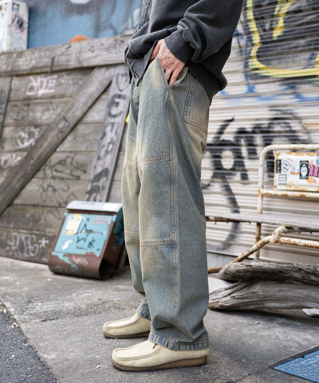 WEGO 【ウエストゴム/MLサイズ展開】ージーダブルニーパンツ デニム淡加工色