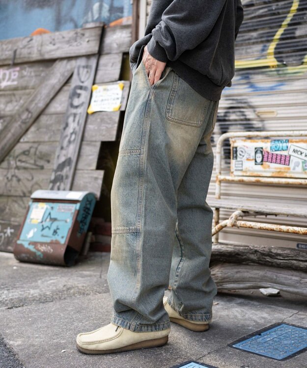 WEGO 【ウエストゴム/MLサイズ展開】ージーダブルニーパンツ デニム淡加工色