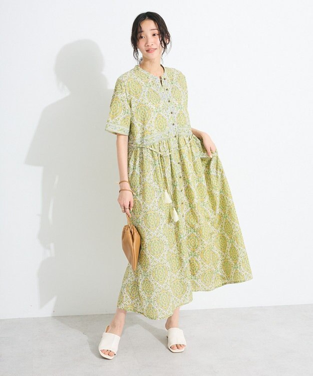 CRAFT STANDARD BOUTIQUE インド綿アラベスク柄ワンピース Khaki