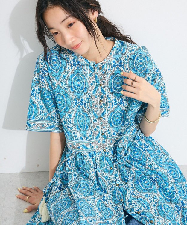 CRAFT STANDARD BOUTIQUE インド綿アラベスク柄ワンピース Blue