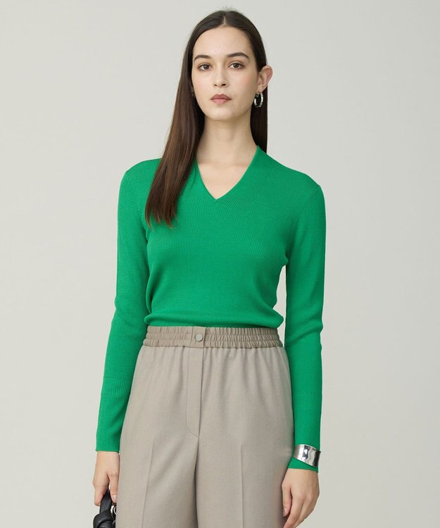 ICB 【新色追加】 エクストラファインメリノリブ Vネックプルオーバー グリーン系