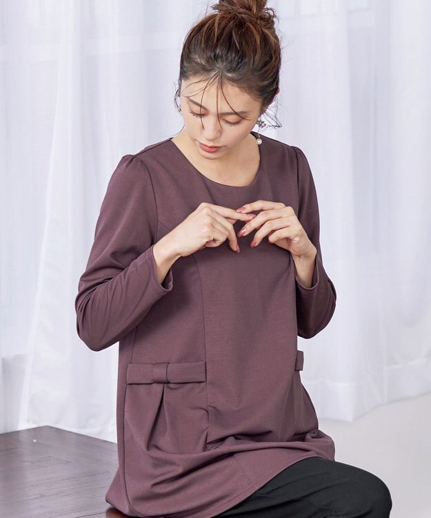 Tiaclasse L 【洗える】サイドリボンポンチチュニック ピンクモカ