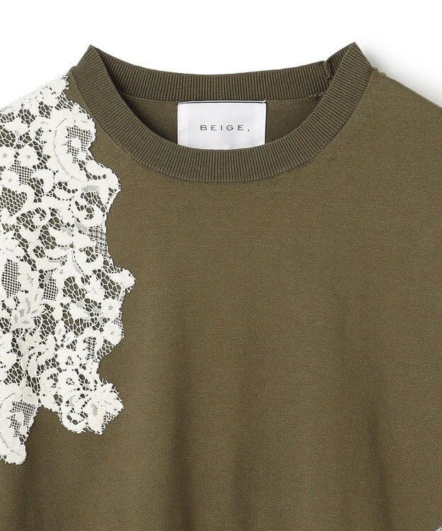 BEIGE， WILLOW / アシンメトリーレースクルーネックニット Khaki × White