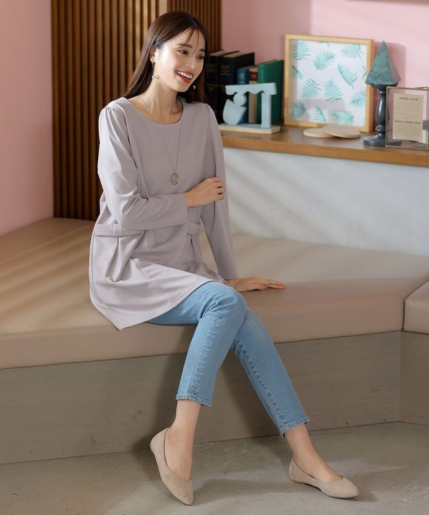 Tiaclasse L 【洗える】サイドリボンポンチチュニック グレージュ