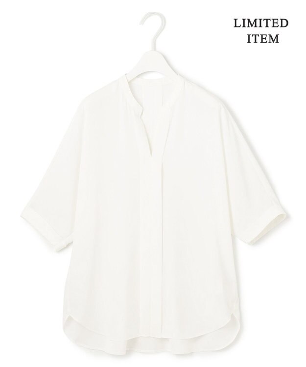 ICB 【人気のため新色追加・WEB限定・接触冷感・UVケア・速乾・洗える】BackSatinAmunzen 5分袖キーネックブラウス オフホワイト系