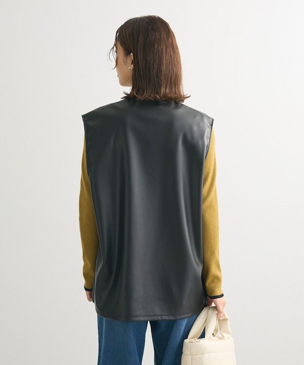 Green Parks フェイクレザーＶネックベスト Black