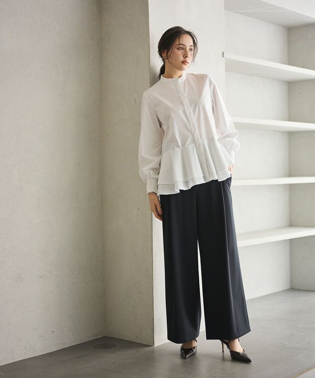 #Newans 【シワになりにくい/洗濯機可能】ダブルフリルヘムシャツ ホワイト