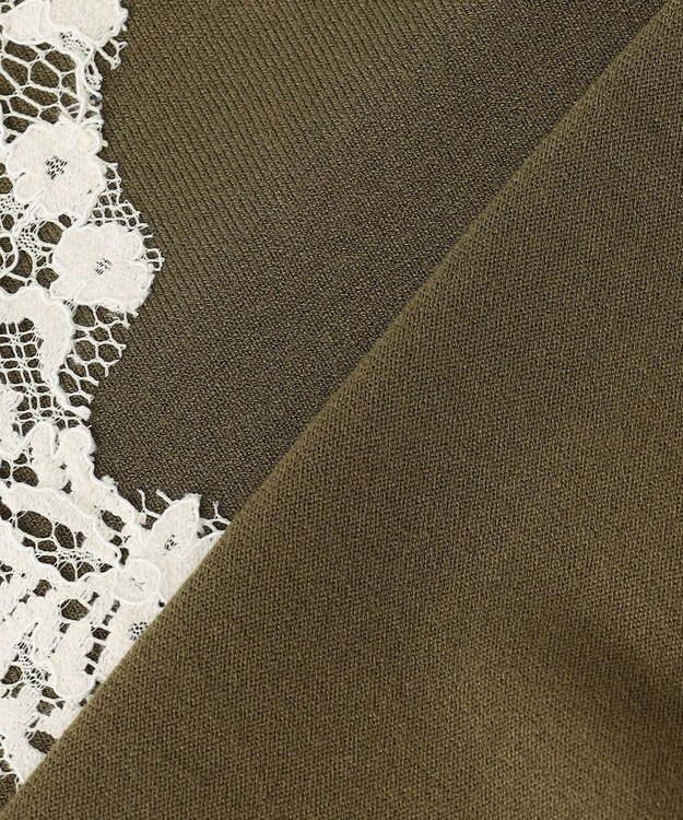 BEIGE， WILLOW / アシンメトリーレースクルーネックニット Khaki × White