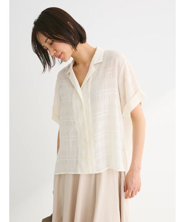 Green Parks シアーチェック開襟ブラウス Off White