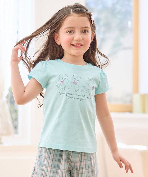 ANY KIDS 【WEB限定】7days プリント 半袖 Tシャツ ライトブルー×ネコ