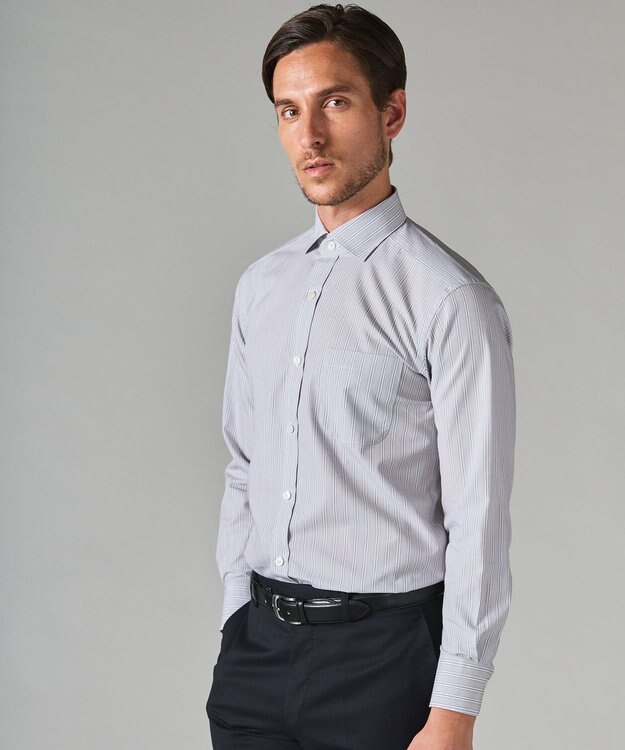 GOTAIRIKU 【形態安定】PREMIUMPLEATS_スモールワイドカラー 通年ドレスシャツ グレー×白ストライプ