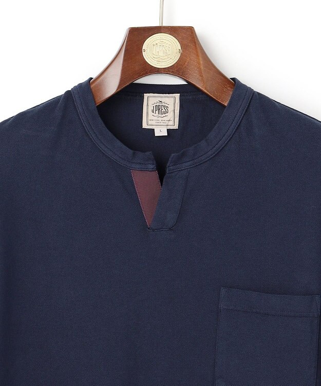 J.PRESS MEN コットンカノコ キーネックポケット Tシャツ ネイビー系