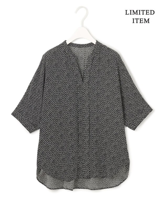 ICB 【人気のため新色追加・WEB限定・接触冷感・UVケア・速乾・洗える】BackSatinAmunzen 5分袖キーネックブラウス ブラック柄系