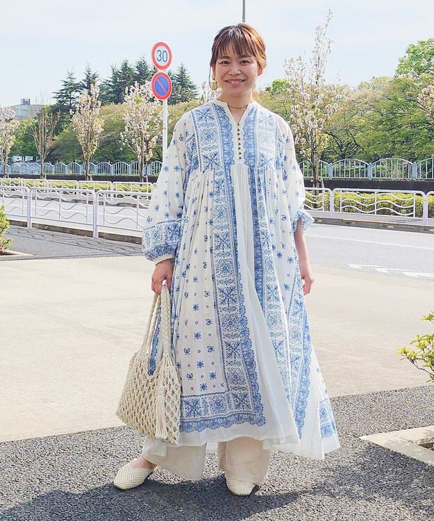 CRAFT STANDARD BOUTIQUE インド綿パネル柄ウエスト切り替えボリュームワンピース Blue