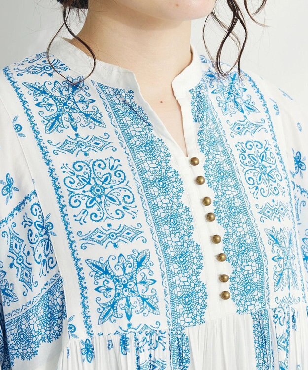 CRAFT STANDARD BOUTIQUE インド綿パネル柄ウエスト切り替えボリュームワンピース Blue