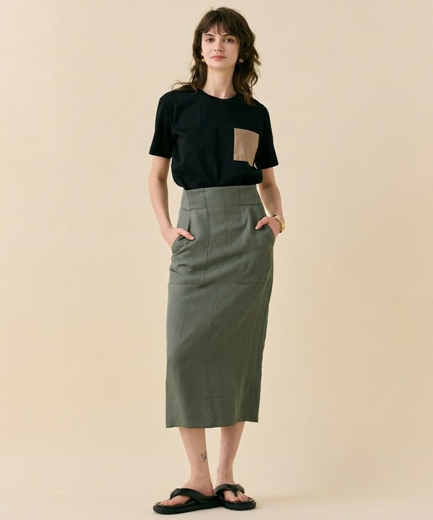 BEIGE， TORENIA / レザーポケットコットンクルーネックTシャツ Black×Taupe