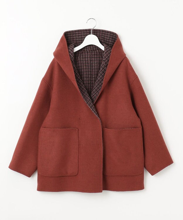 自由区 【リバーシブル】ウールリバー フード付きショートコート レッド系
