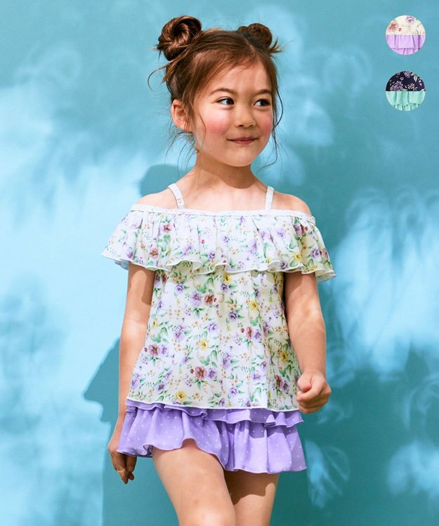 ANY KIDS 花柄×ドット柄 セパレート 水着 オフ花柄×ラベンダードット