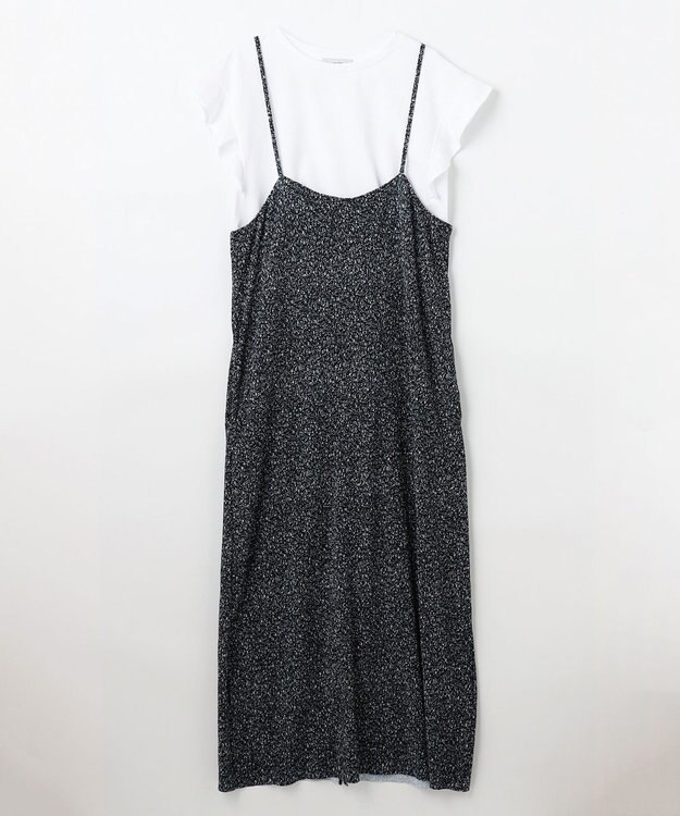 ANY 【2SET/洗濯機可】フリルスリーブTシャツ×シャーリングキャミワンピースセット ブラックベース