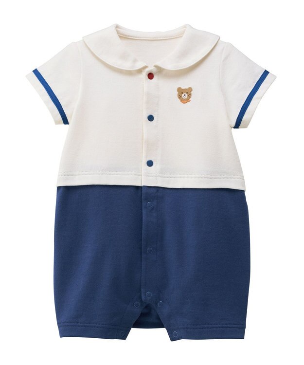 MIKI HOUSE HOT BISCUITS 【70-80cm】くま耳 セーラーカラー ショートオール 白