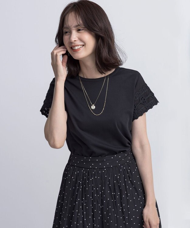 組曲 レーススリーブシルケット カットソー ブラック系