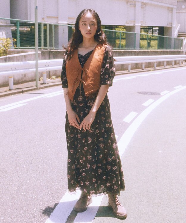 earth music&ecology レース切替フラワーロングワンピース Brown