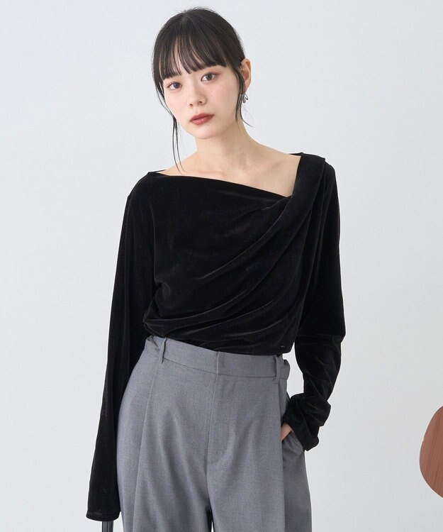 earth music&ecology シアーベロアドレープネックプルオーバー Black