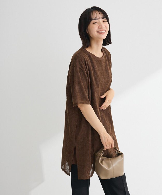 Green Parks 半袖メッシュドッキングチュニック Brown