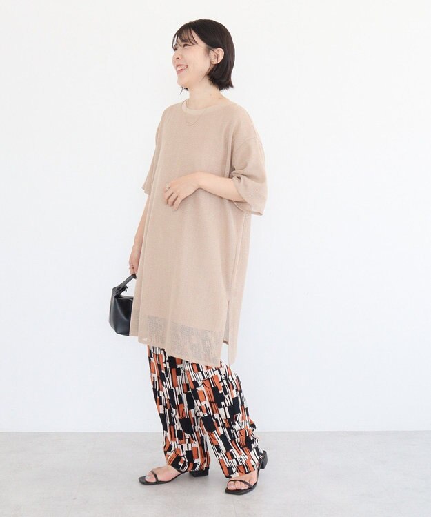 Green Parks 半袖メッシュドッキングチュニック Light Beige