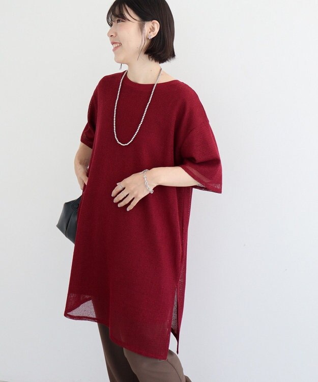 Green Parks 半袖メッシュドッキングチュニック Dark Red