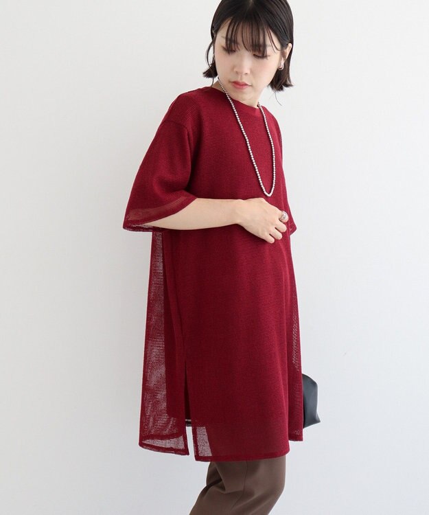 Green Parks 半袖メッシュドッキングチュニック Dark Red