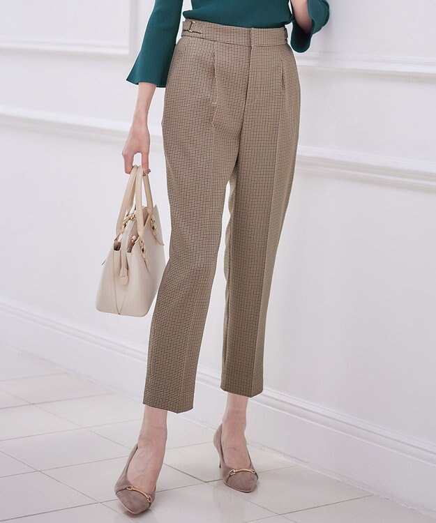 ANY SIS 【洗える】サイドバックルタックテーパード パンツ ブラウン系チェック