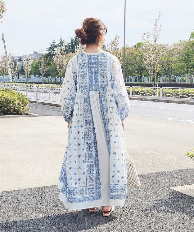 CRAFT STANDARD BOUTIQUE インド綿パネル柄ウエスト切り替えボリュームワンピース Blue