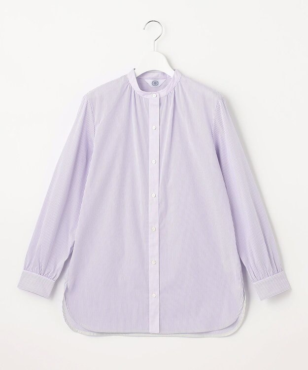 J.PRESS LADIES S 【洗える】 FAST コットンナイロン ストライプ バンドカラー ブラウス ふじ色系1
