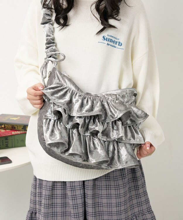 WEGO ベロアフリルギャザーショルダー グレー