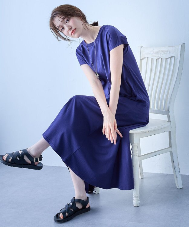 ANY 【洗濯機可】フレンチスリーブワンピース ロイヤルブルー