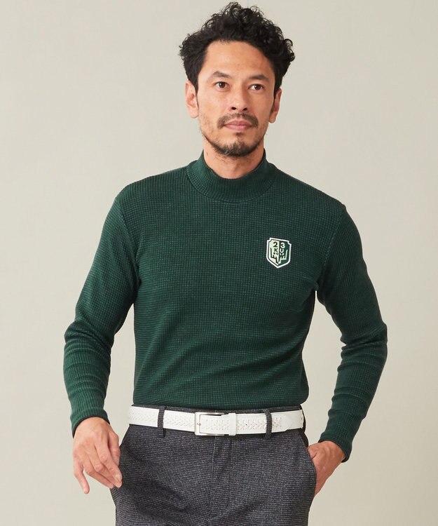 23区GOLF 冬の定番トップス【MEN】【吸湿発熱】グランサーモワッフル モックネックシャツ ダークグリーン系